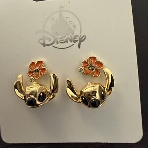 Disney Gold and Black Stitch Earrings with Orange Floral Accent